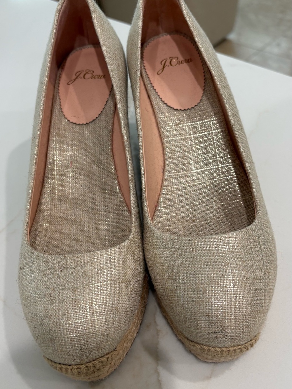 J. Crew Champagne Metallic Espadrille Wedge Pumps